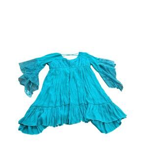 teal "L. Gee V-neck, long sleeves lace trim,  tiered, ruffled hem bohemian boho